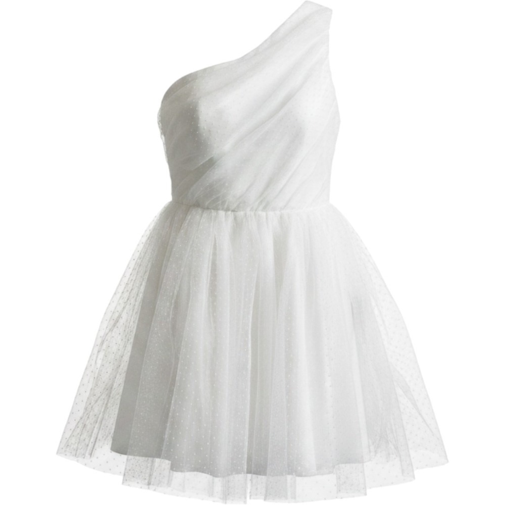 Lulus White One Shoulder Swiss Dot Tulle Mini Dress Fit and Flare Bridal Party M